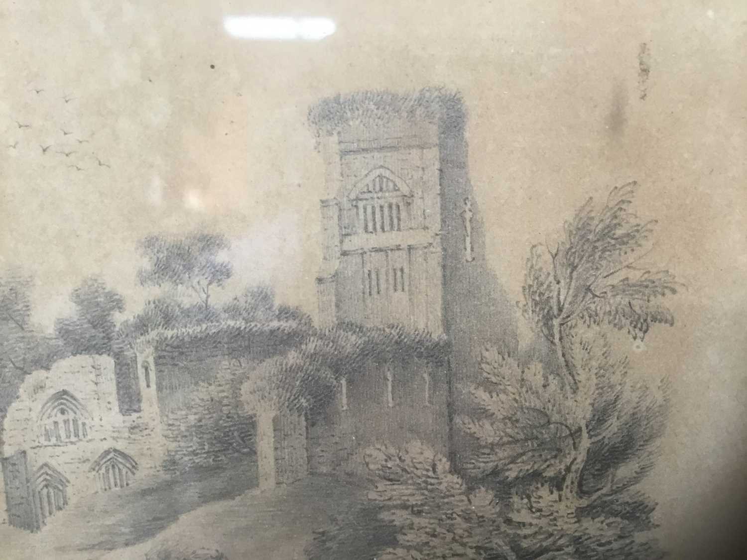 Early 19th century English School pencil drawing - Church Ruins beside a lake, in oak frame, 15cm x - Image 7 of 10