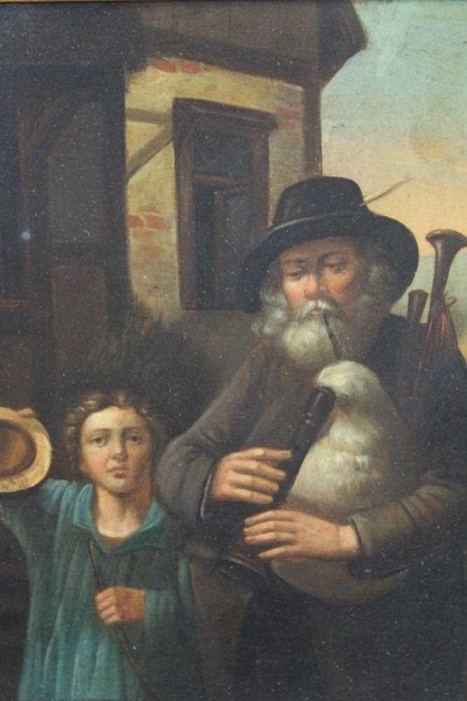 Pair 19th century Continental School oils on tin panels - a piper and figures in an interior, 20cm x - Image 9 of 10