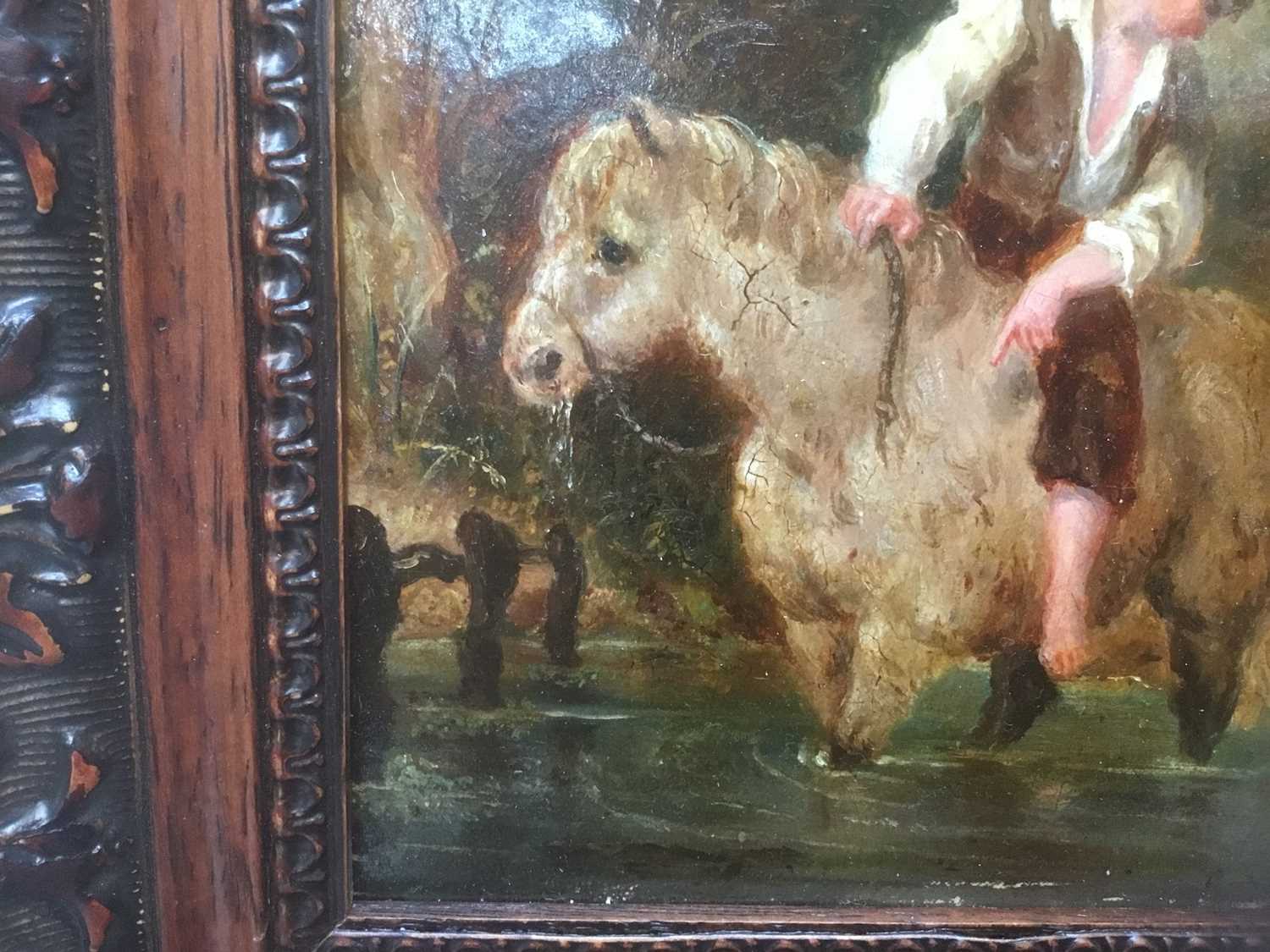 English School 19th Century A boy on his pony with his dog in a stream, oil on board, in painted fra - Image 10 of 12