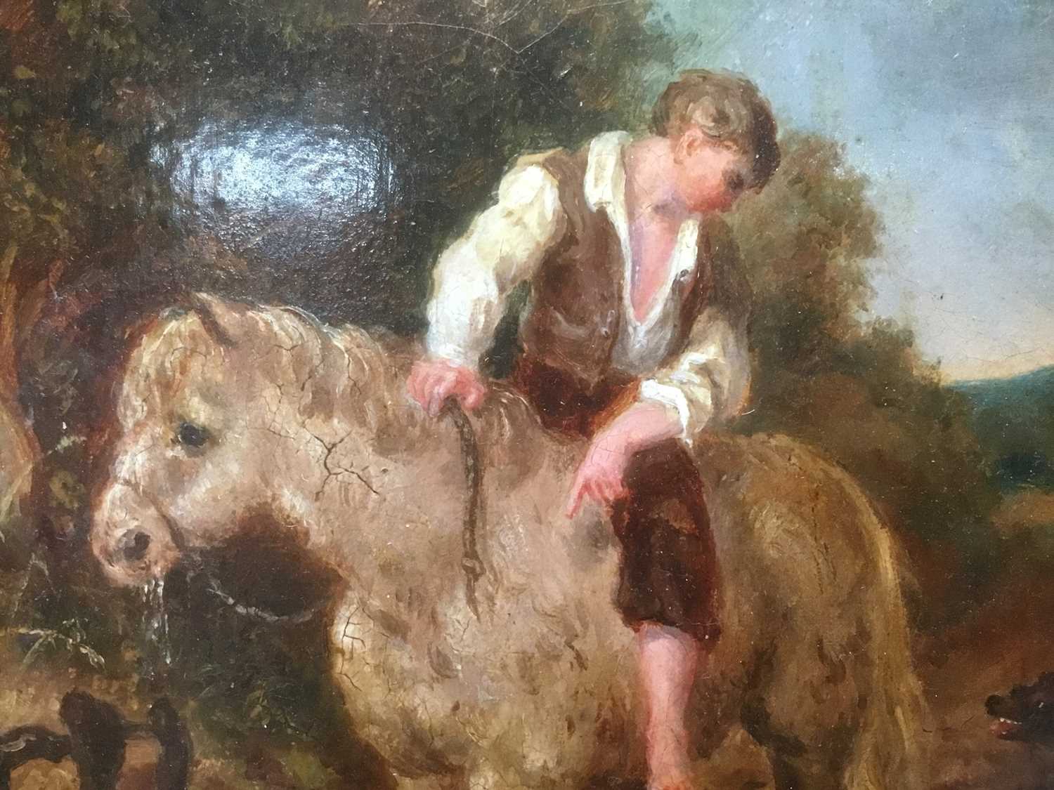 English School 19th Century A boy on his pony with his dog in a stream, oil on board, in painted fra - Image 4 of 12