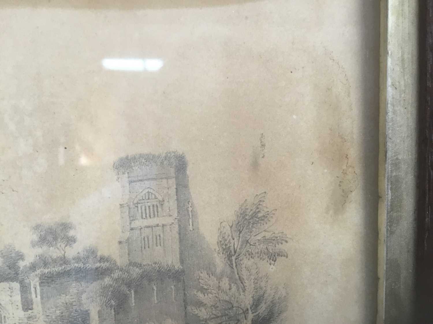 Early 19th century English School pencil drawing - Church Ruins beside a lake, in oak frame, 15cm x - Image 8 of 10