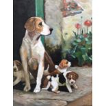 S. Scott, A hound and her family, oil on board, signed, in gilt frame, 40 x 28cm.