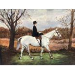 J. Whitmore early 20th Century, oil on canvas, A lady riding side-saddle on a grey hunter, signed. 3