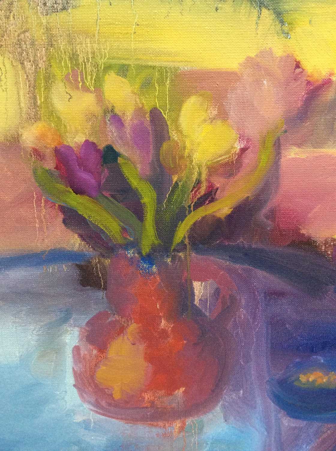 Annelise Firth (b.1961) oil on canvas - Pink Tulips, signed and dated verso, 50cm x 60cm - Image 2 of 6