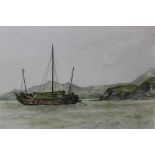 Sir Rutherford Alcock (1809-1897) pencil and watercolour - Junk off headland at the Woofoomun,