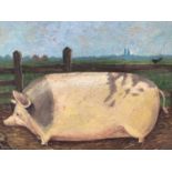 English School mid 20th Century, oil on panel, A prize pig in a landscape, in a maple frame. 30 x 40