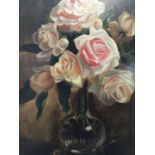 English School 19th Century, A still life of roses in a vase, oil on mahogany panel, initialled DS a
