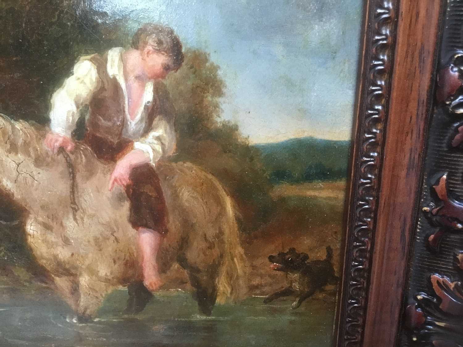 English School 19th Century A boy on his pony with his dog in a stream, oil on board, in painted fra - Image 9 of 12