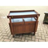 Mid century teak drinks trolley with removable tray top, two pull out slides enclosing bottle holder