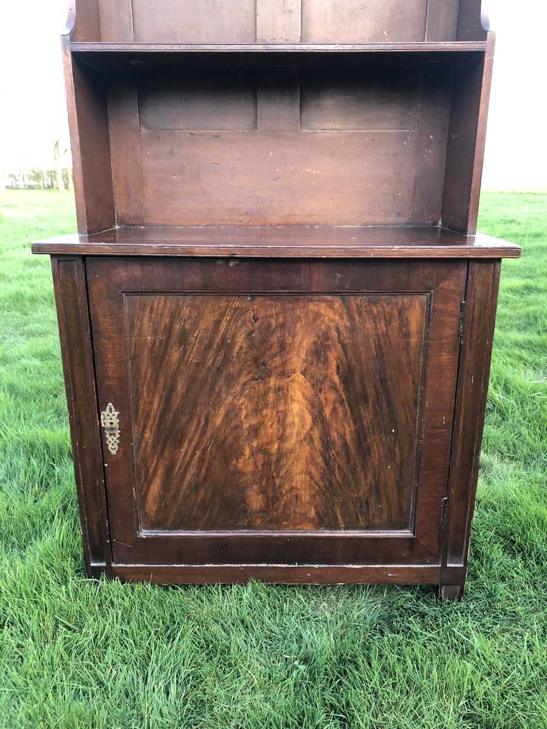 19th century mahogany and grained waterfall bookcase with scrolling top rail and graduated open shel - Image 3 of 7