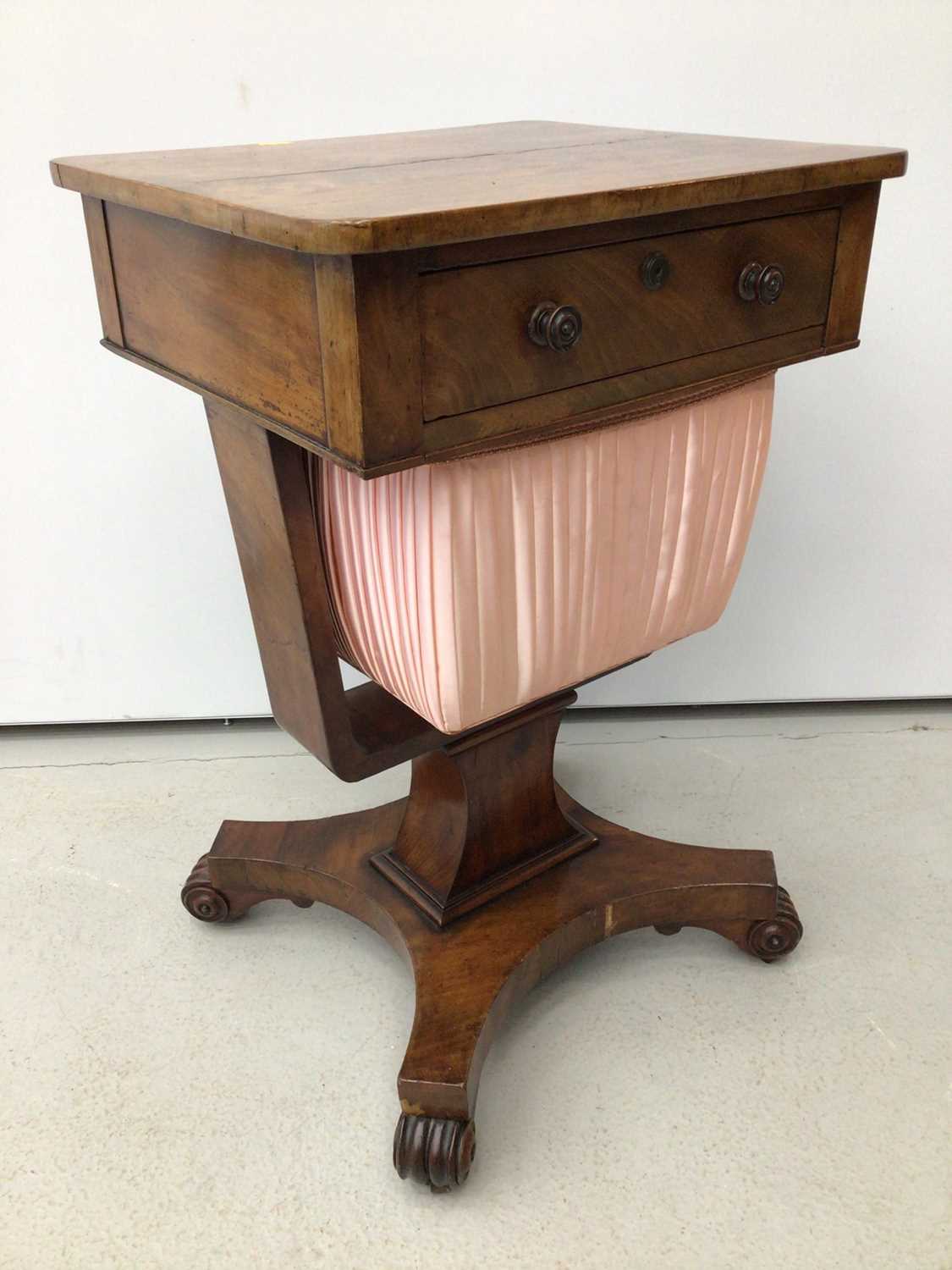 19th century mahogany sewing table with single drawer and sliding needlework well below on quatrefoi - Image 3 of 5