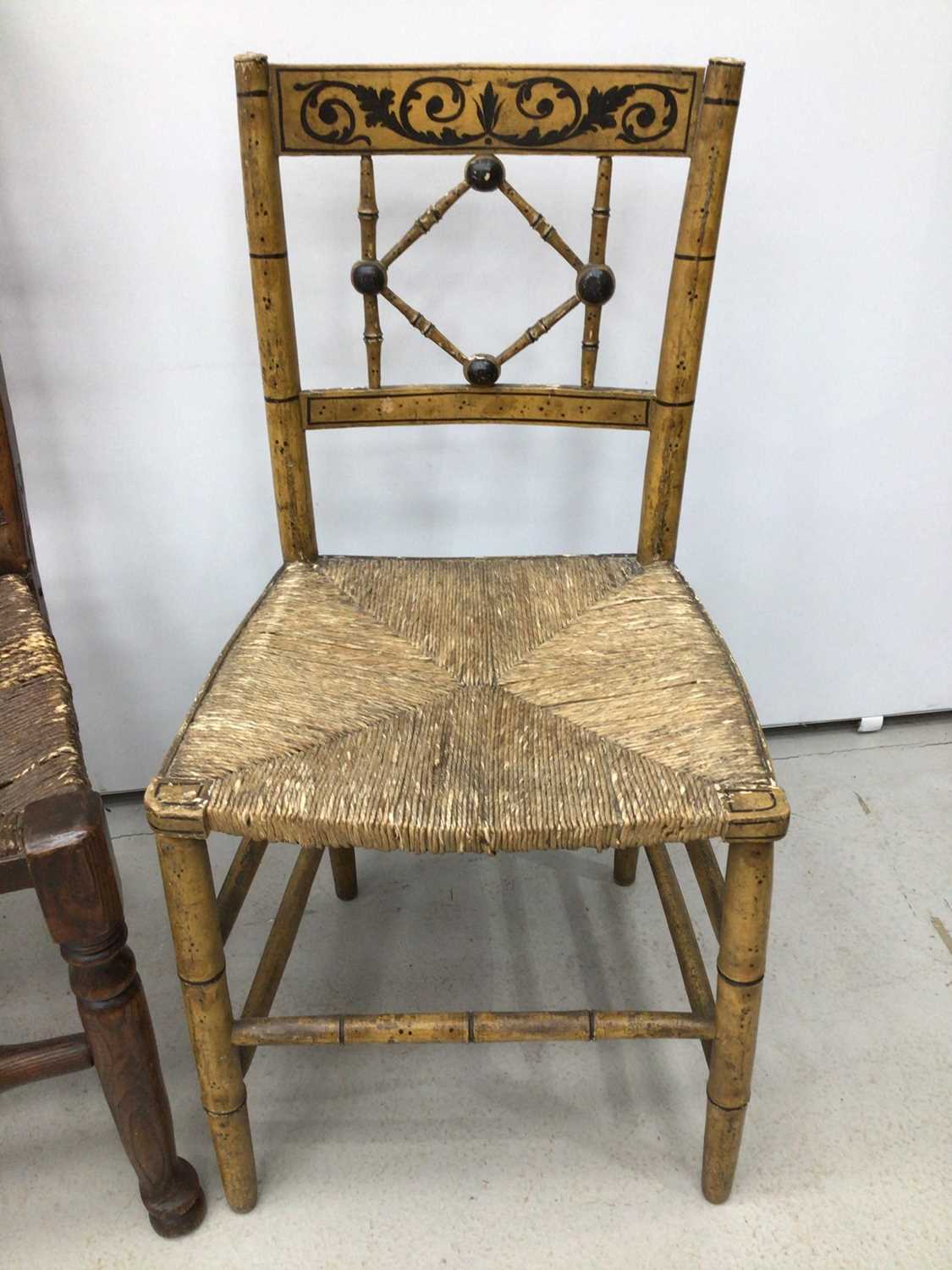 Set of four green painted dining chairs with two rush seated chairs - Image 5 of 7