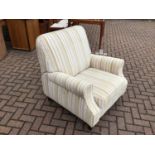 Contemporary armchair with green, grey and cream striped upholstery 88cm wide x 97cm high