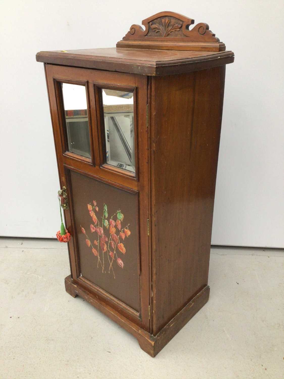 Edwardian walnut pot cupboard with ledge back, two bevelled mirror plates and painted door below, 45 - Image 5 of 5