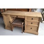 Modern pine desk with three drawers and cupboard below together with an oak piano stool