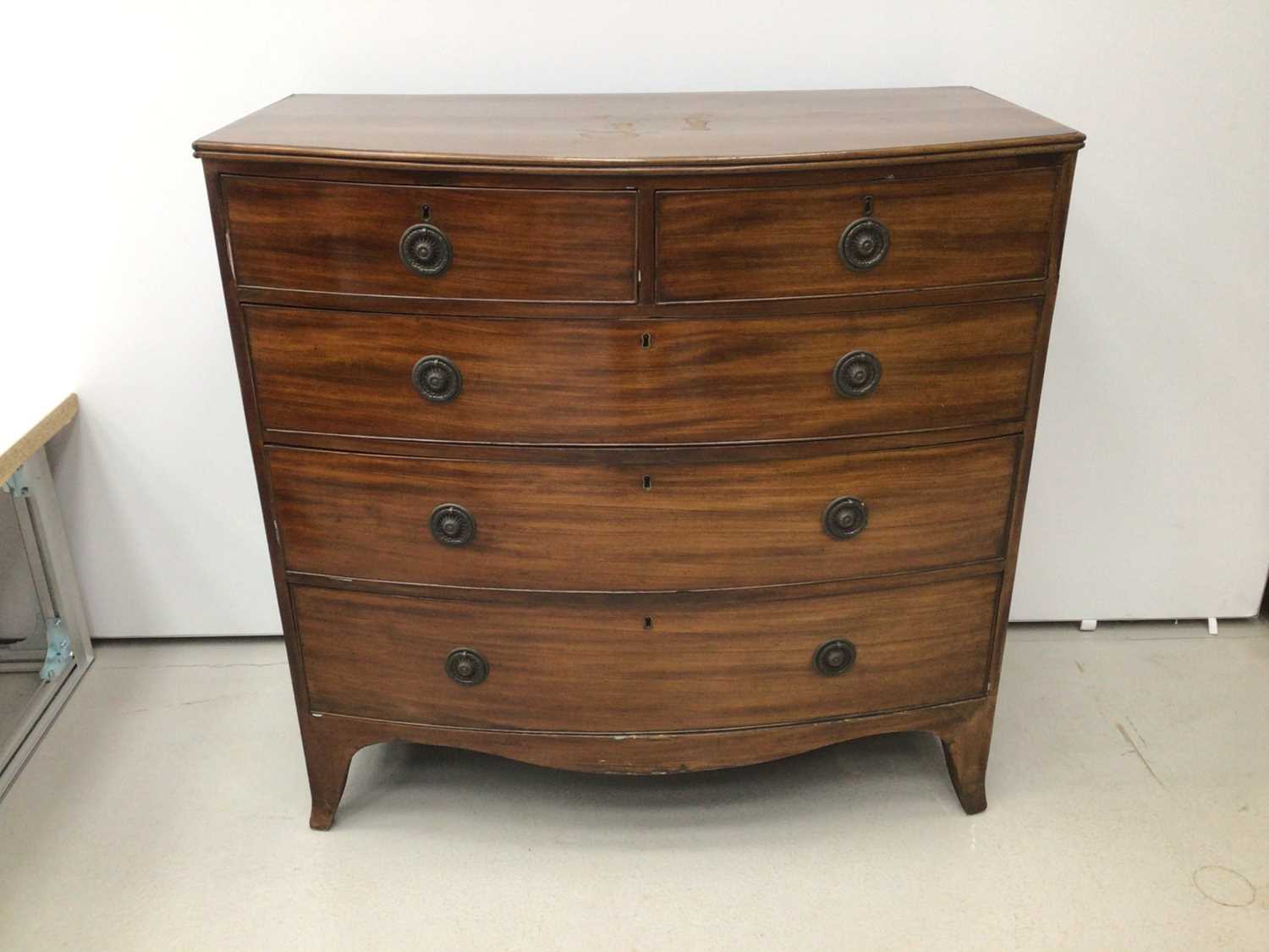 19th century mahogany bowfront chest of two short and three long graduated drawers, 106.5cm wide x 5