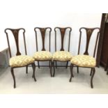 Edwardian Art Nouveau mahogany set of four dining chairs with tall shaped backs, mother of pearl and