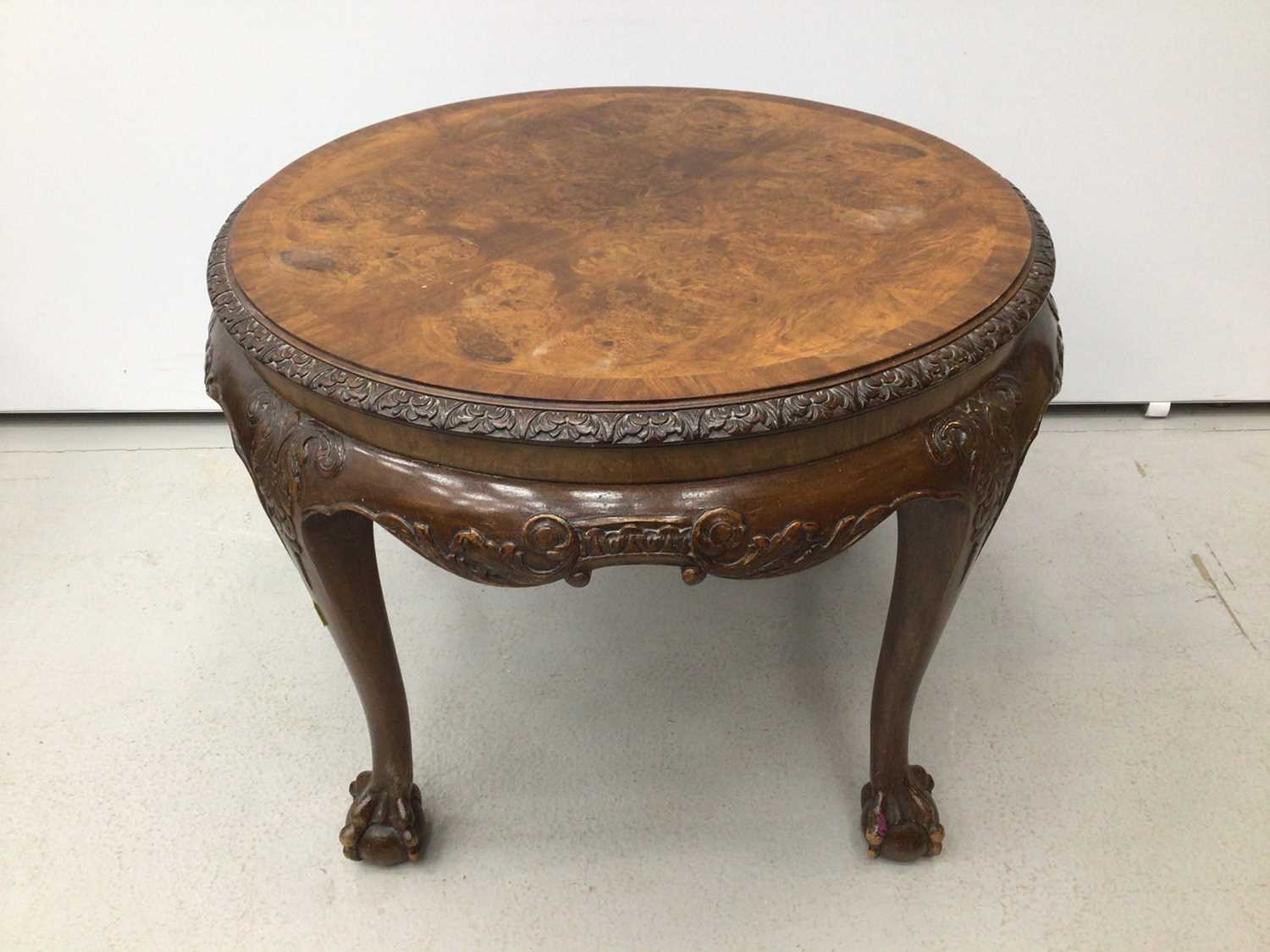 walnut veneered circular coffee table, Edwardian mahogany tow tier table and an oak revolving bookca