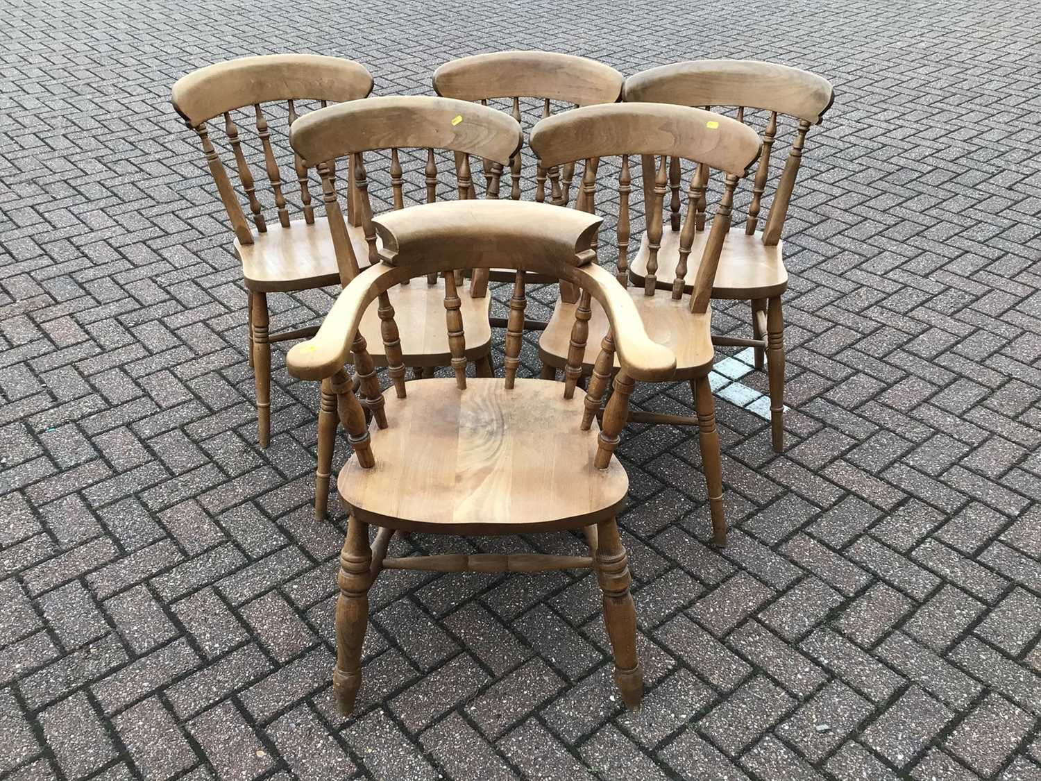 Pine kitchen table on turned legs, 183cm wide x 85.5cm deep x 76cm high, set of six kitchen chairs c - Image 2 of 5