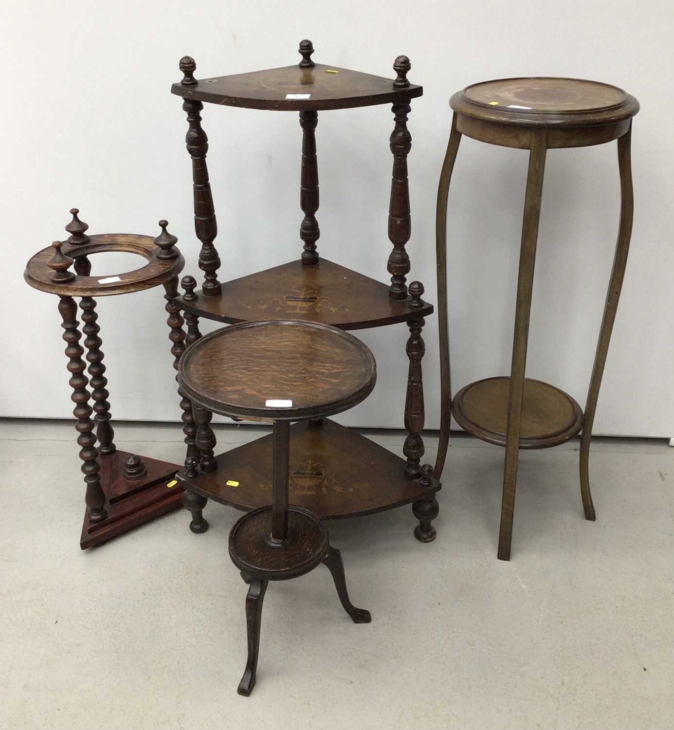 Edwardian inlaid corner whatnot, mahogany torchere, stick stand and another torchere (4)