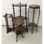 Edwardian inlaid corner whatnot, mahogany torchere, stick stand and another torchere (4)
