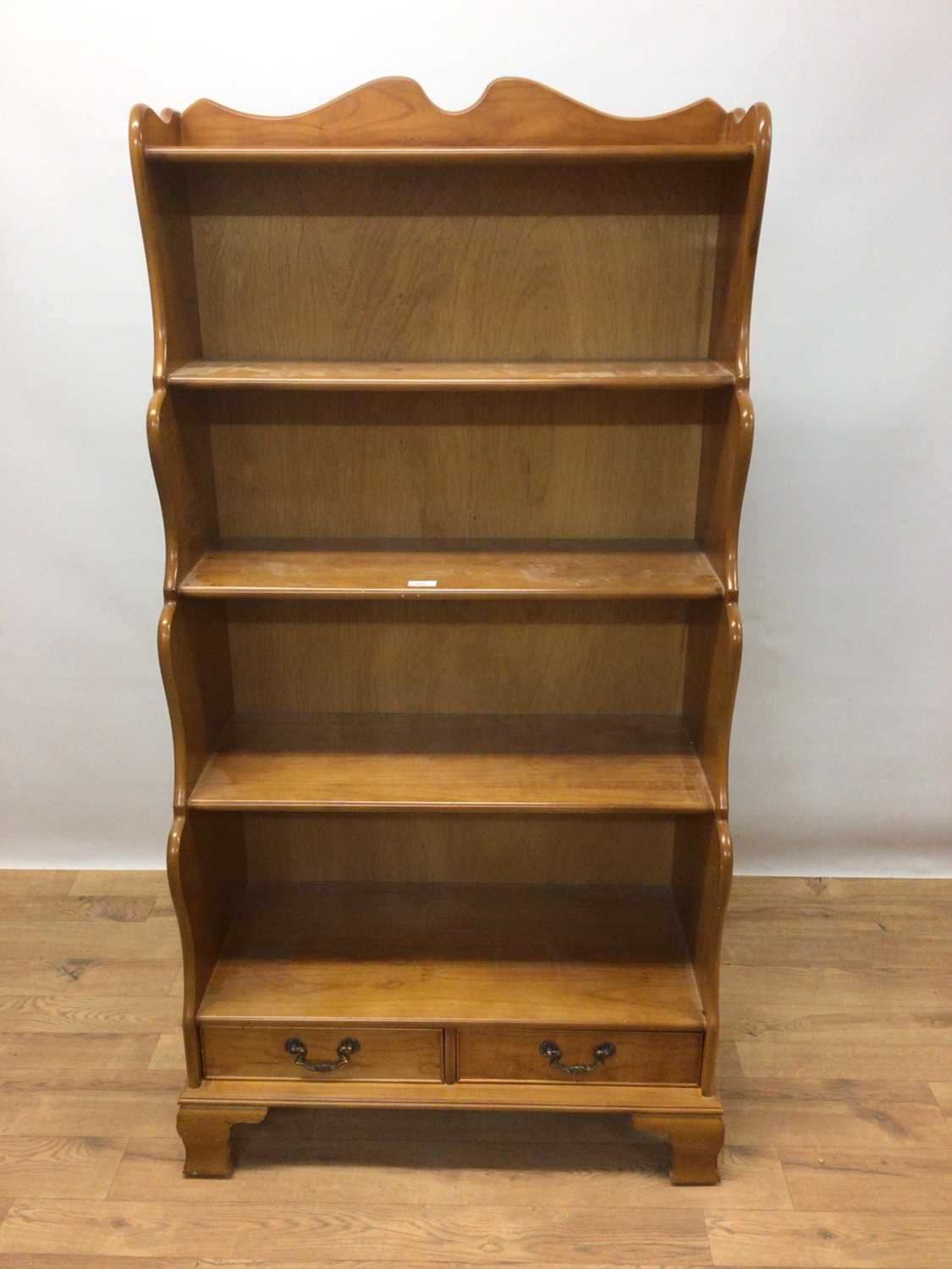 Pine waterfall bookcase with open shelves and two drawers below, 78cm wide, 38cm deep, 150cm high