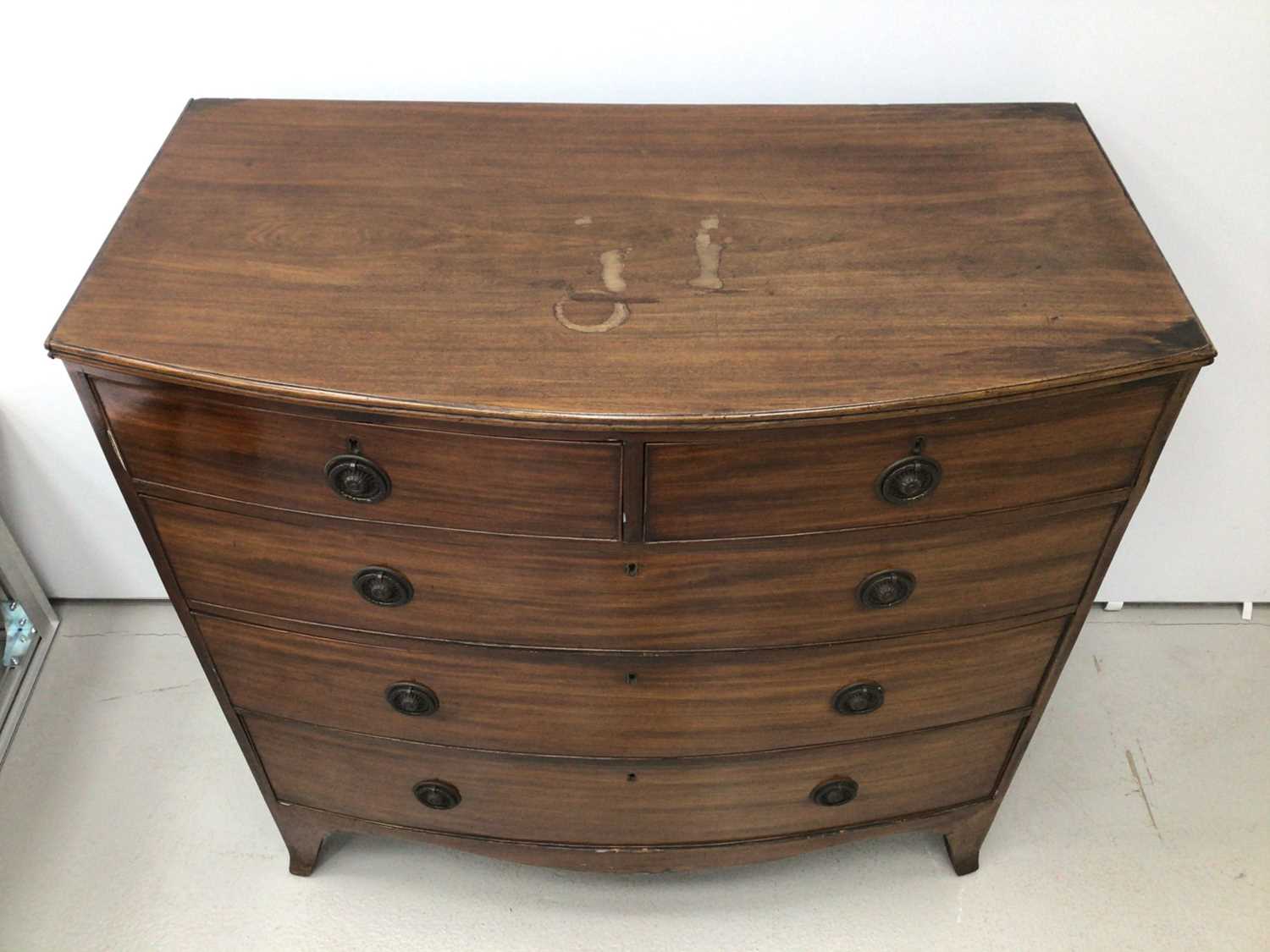 19th century mahogany bowfront chest of two short and three long graduated drawers, 106.5cm wide x 5 - Image 2 of 6