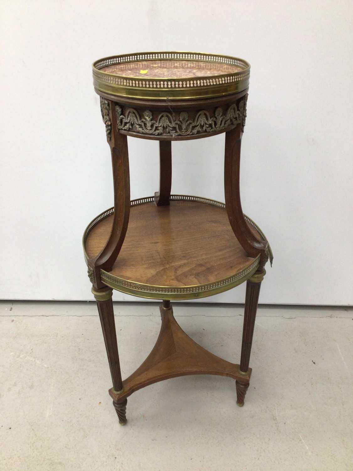 Mahogany three tier jardinere stand with marble top and brass gallery