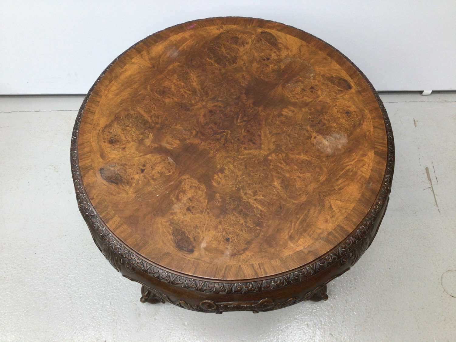 walnut veneered circular coffee table, Edwardian mahogany tow tier table and an oak revolving bookca - Image 4 of 10