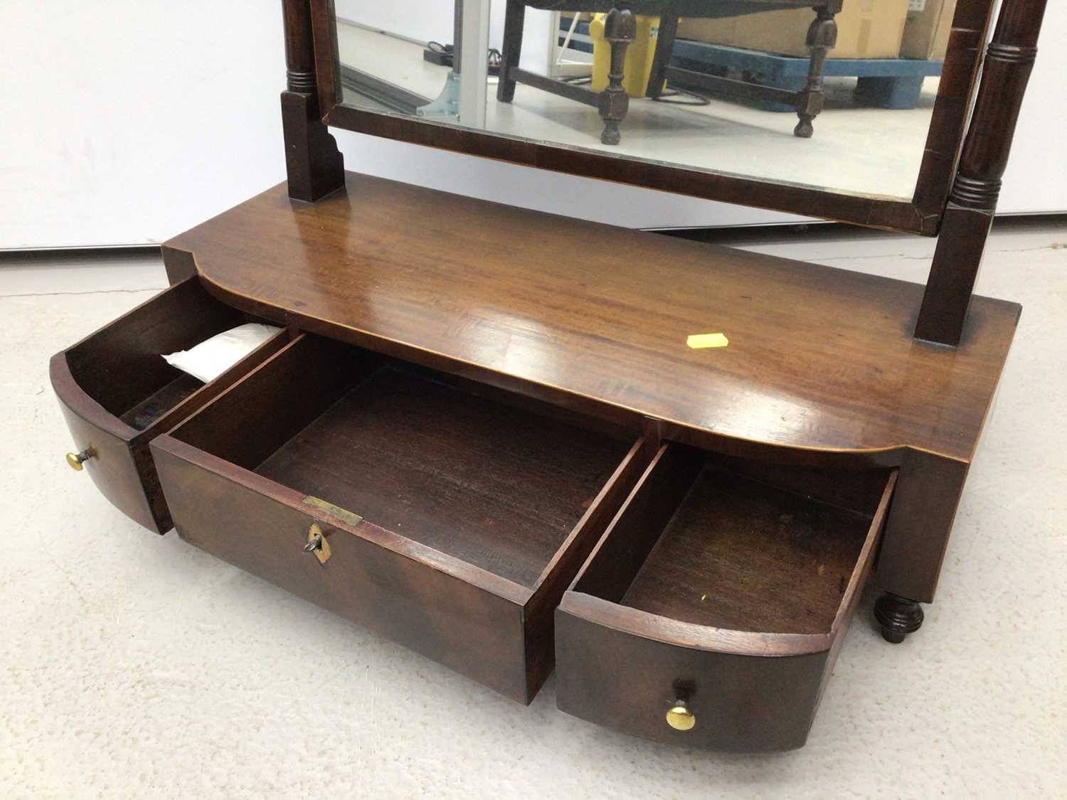 19th century mahogany toilet mirror with three drawers below on turned legs, 59cm wide x 65.5cm high - Image 5 of 5