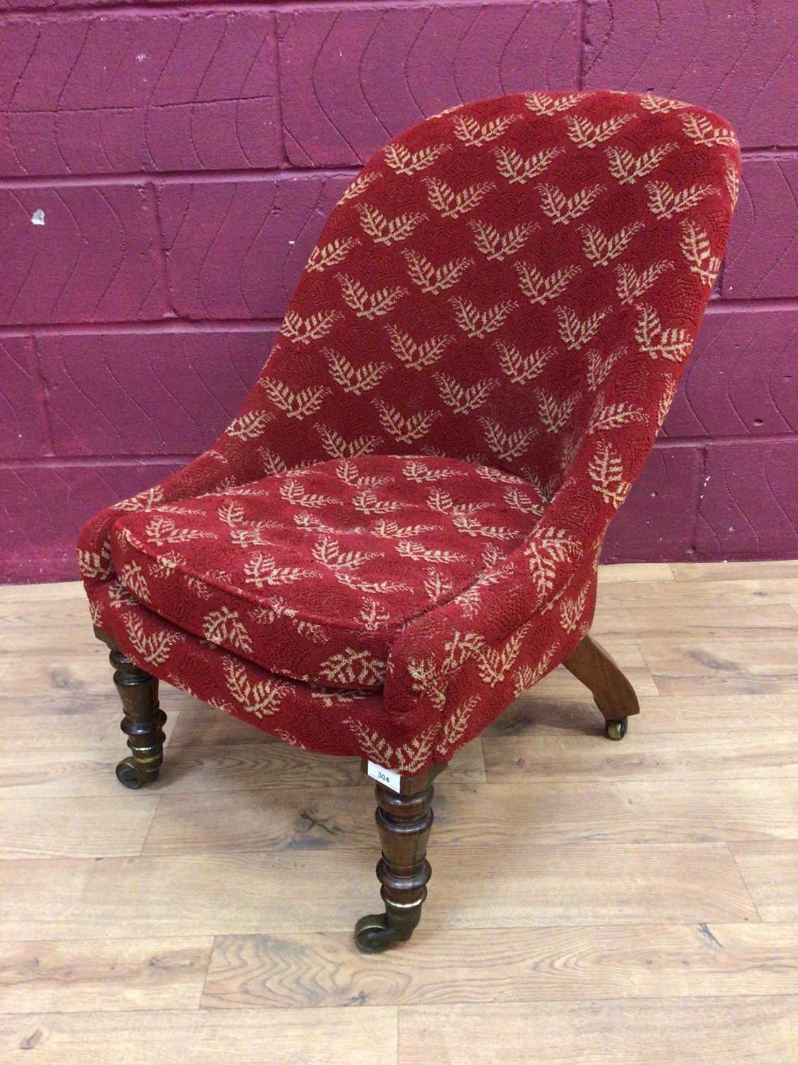 Victorian tub chair or red moquette on turned rosewood legs