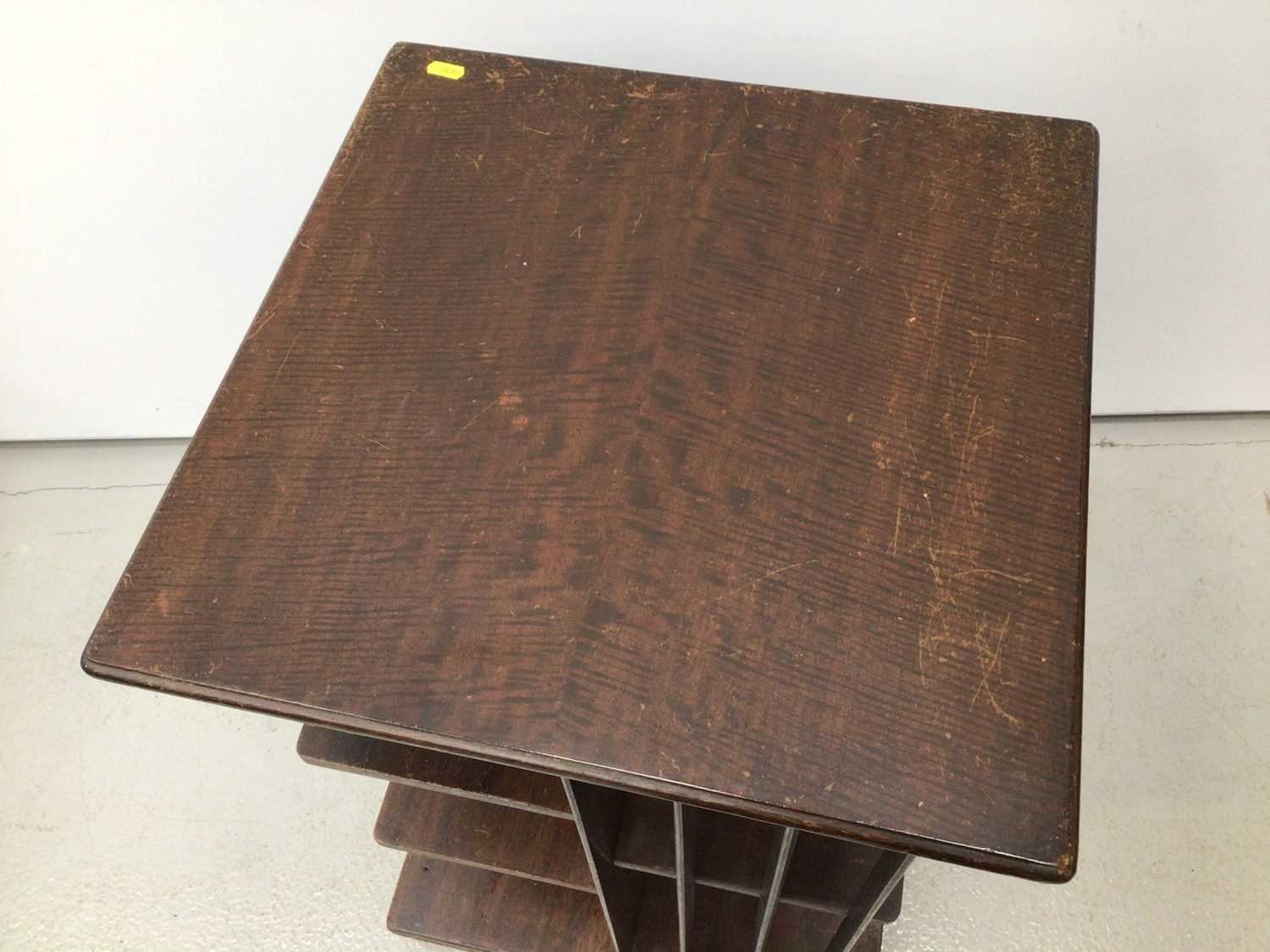 walnut veneered circular coffee table, Edwardian mahogany tow tier table and an oak revolving bookca - Image 9 of 10