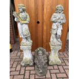 Pair of concrete figures on stands 126cm and 123cm and one other of a seated gnome 40cm