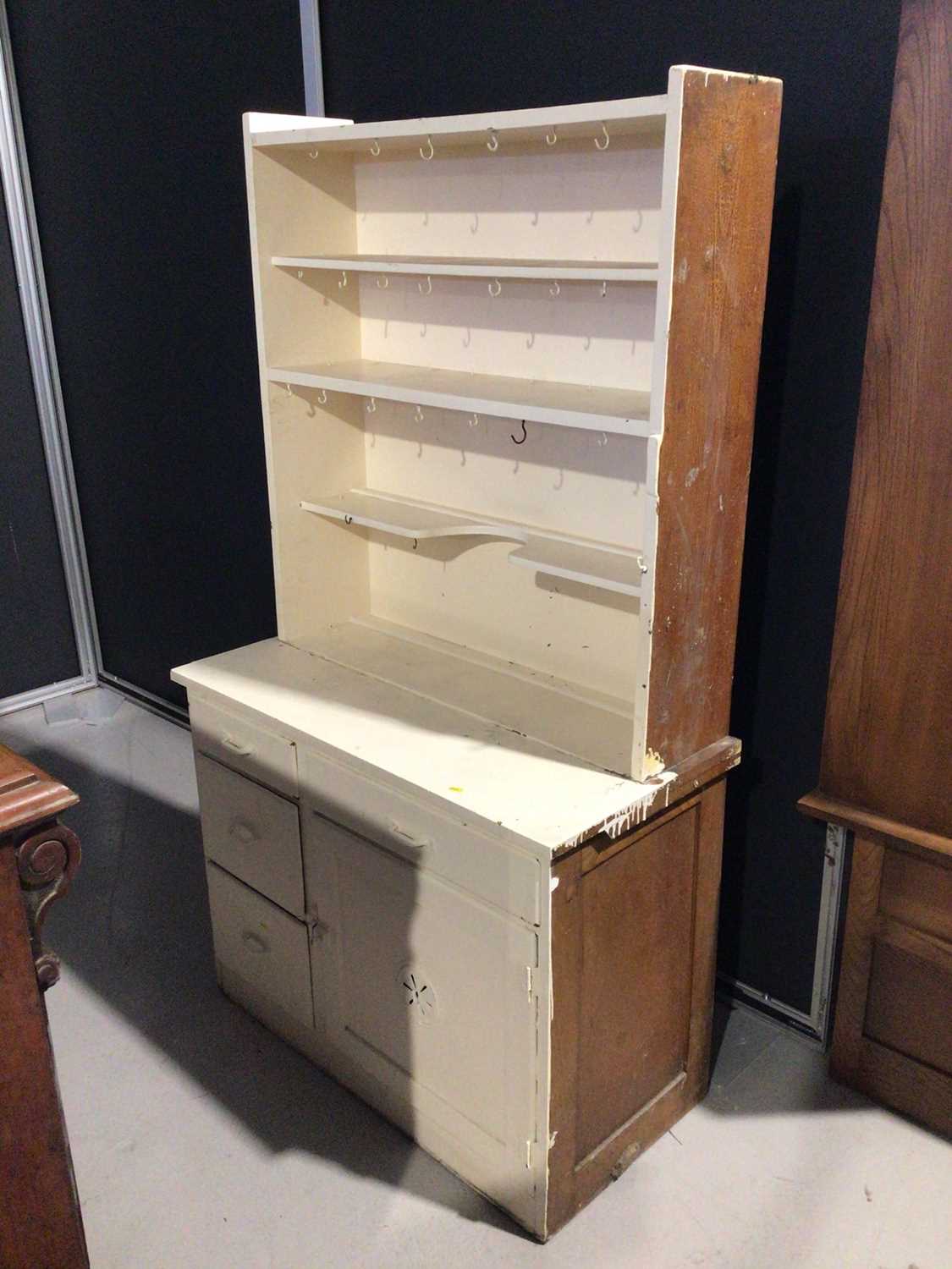 White painted two height dresser with open shelves, two drawers and two doors below, 104.5cm wide x