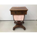 19th century mahogany sewing table with single drawer and sliding needlework well below on quatrefoi