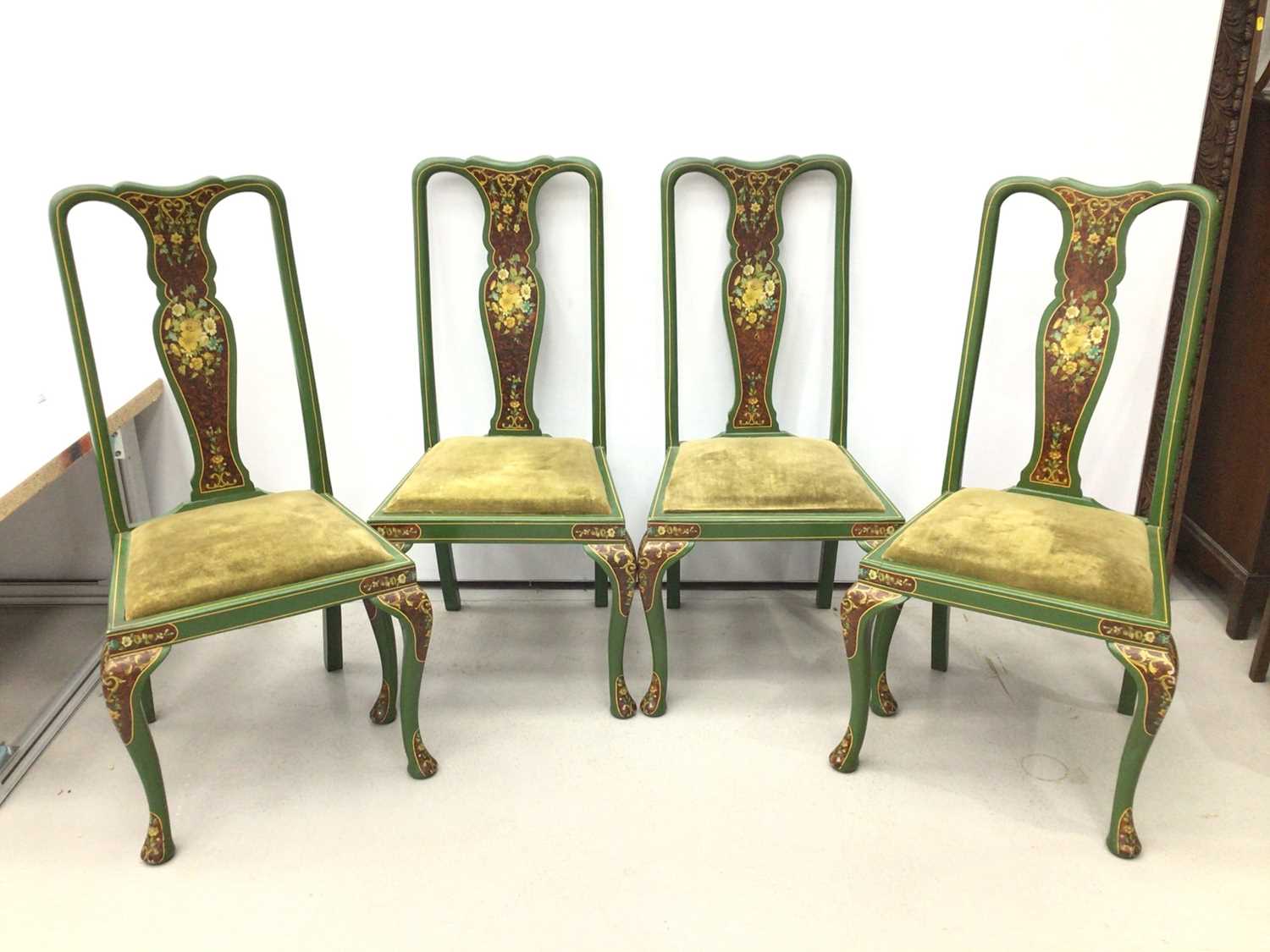 Set of four green painted dining chairs with two rush seated chairs