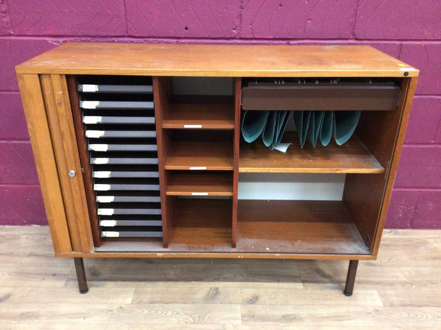 Mid 20th century Danish Nipu tambour cupboard, 120cm wide, 45cm deep, 92.5cm high - Image 5 of 7