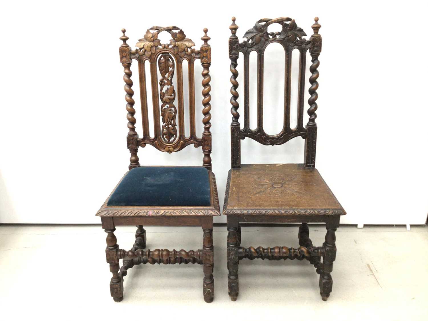 Two Victorian carved oak chairs with spiral twist supports