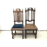 Two Victorian carved oak chairs with spiral twist supports