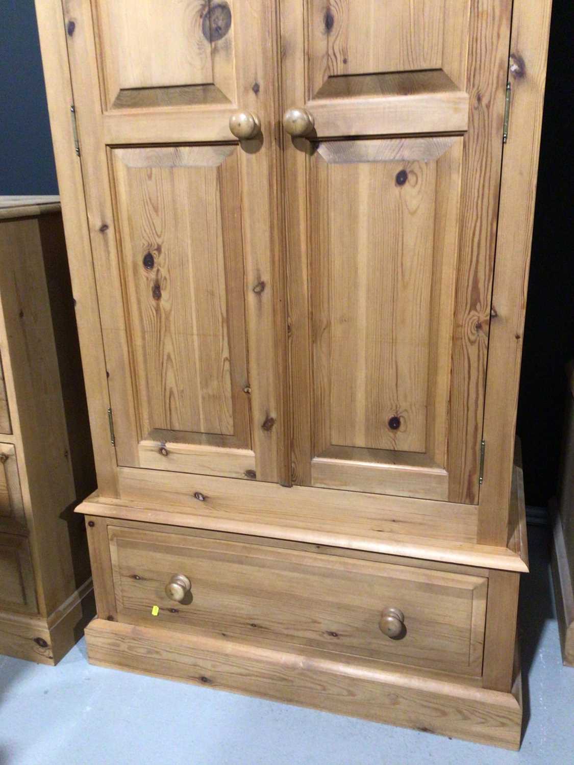 Modern pine double wardrobe with two panelled doors and drawer below, 97.5cm wide x 63cm deep x 208. - Image 3 of 14