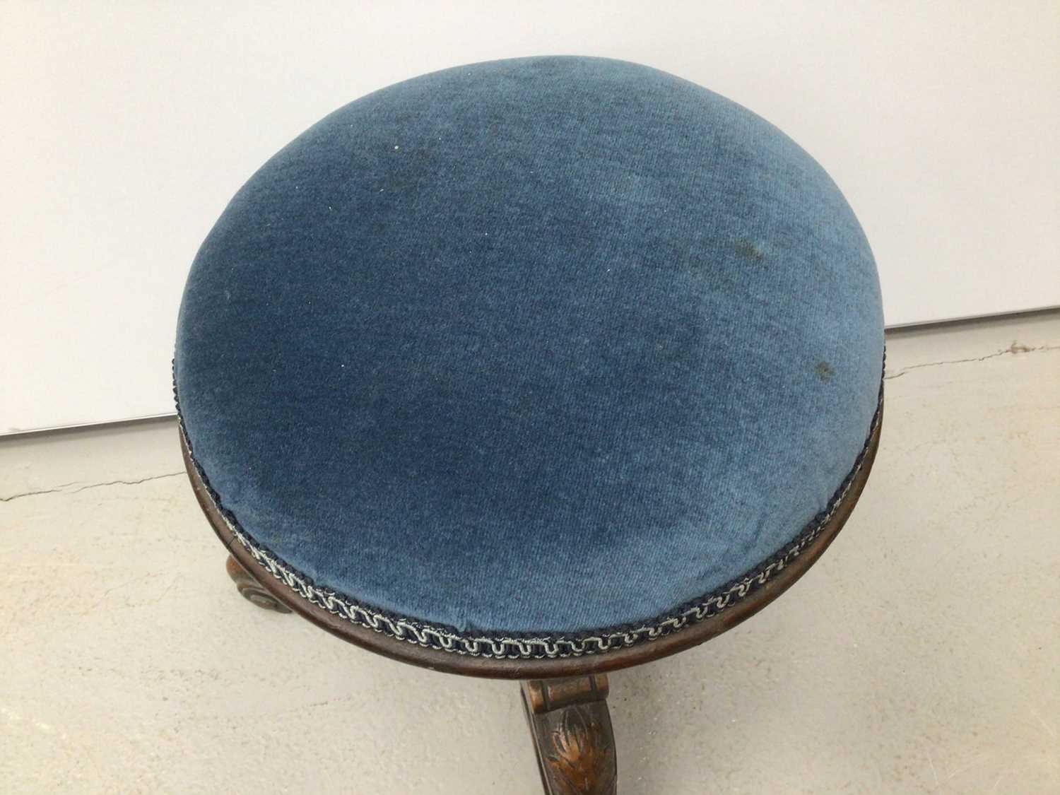 Victorian mahogany piano stool with blue upholstered seat on tripod base and a tiled top table and a - Image 9 of 13
