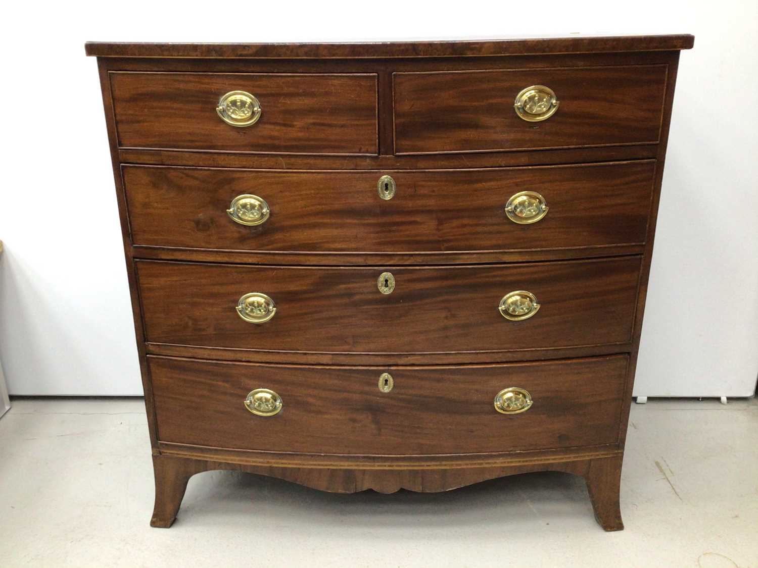 19th century inlaid mahogany bowfront chest of two short and three long graduated drawers on splayed - Image 4 of 6