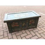 Old green painted pine blanket box with floral decoration 100cm wide x 48.5cm deep 43cm high