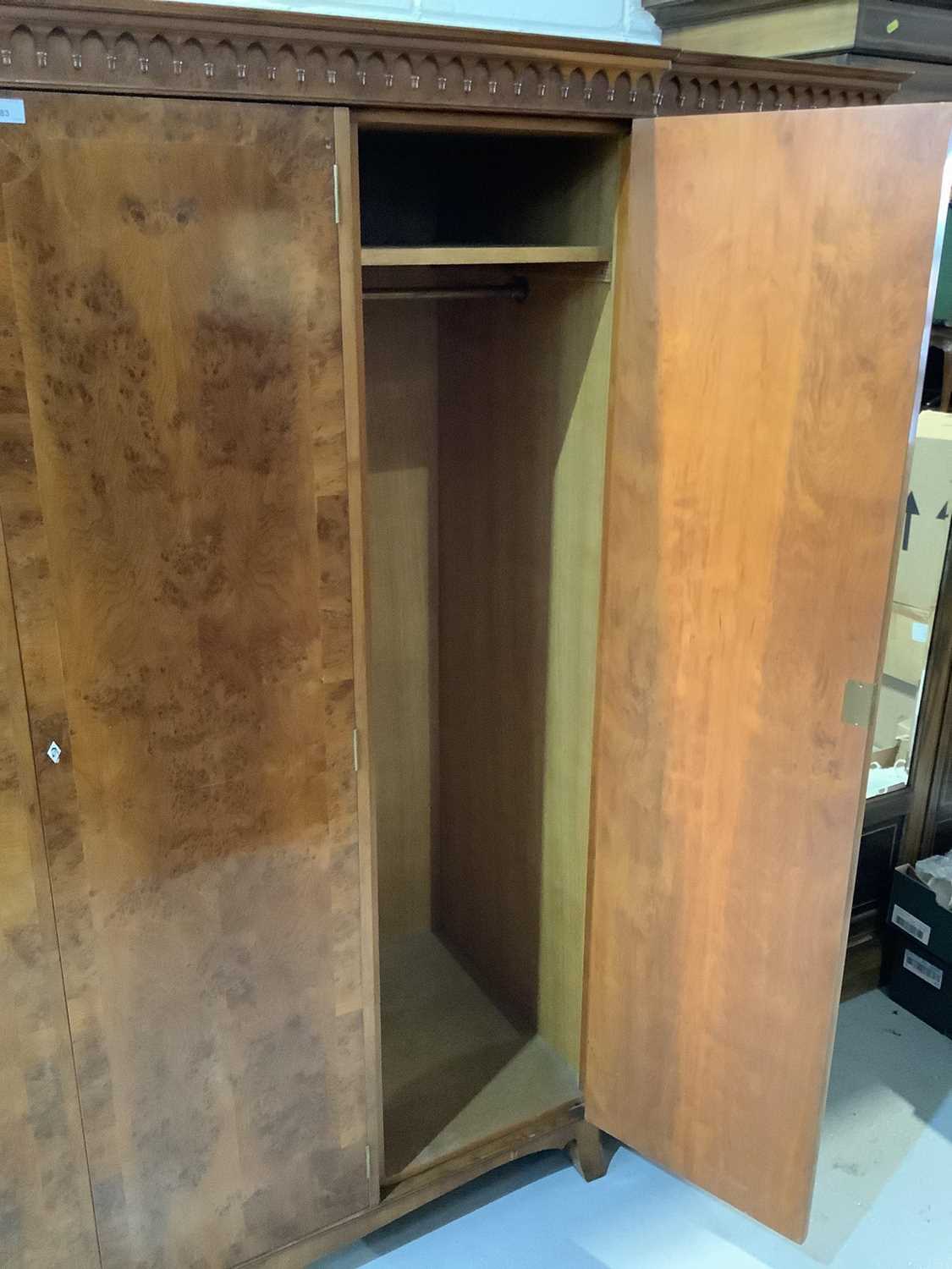 Good quality yew wood veneered wardrobe with fitted interior on bracket feet 231cm wide x 190cm high - Image 2 of 8