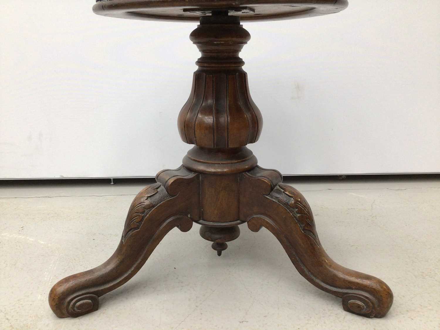 Victorian mahogany piano stool with blue upholstered seat on tripod base and a tiled top table and a - Image 7 of 13