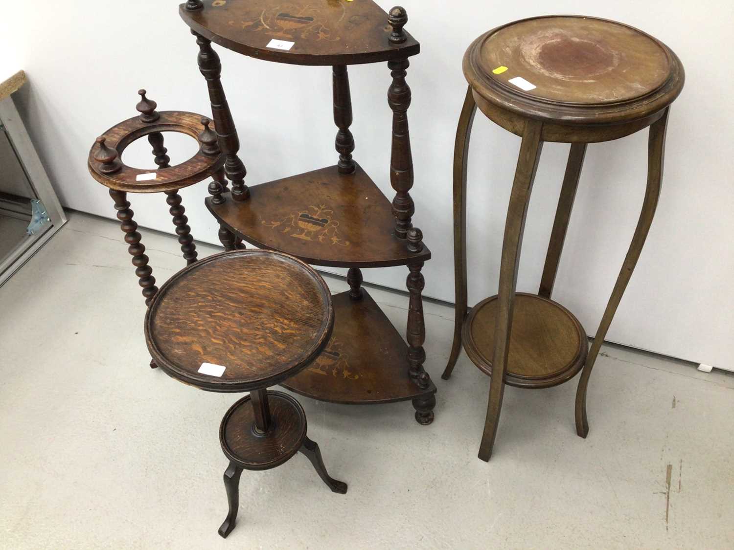 Edwardian inlaid corner whatnot, mahogany torchere, stick stand and another torchere (4) - Image 3 of 3