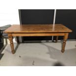 Pine kitchen table on turned legs, 183cm wide x 85.5cm deep x 76cm high, set of six kitchen chairs c