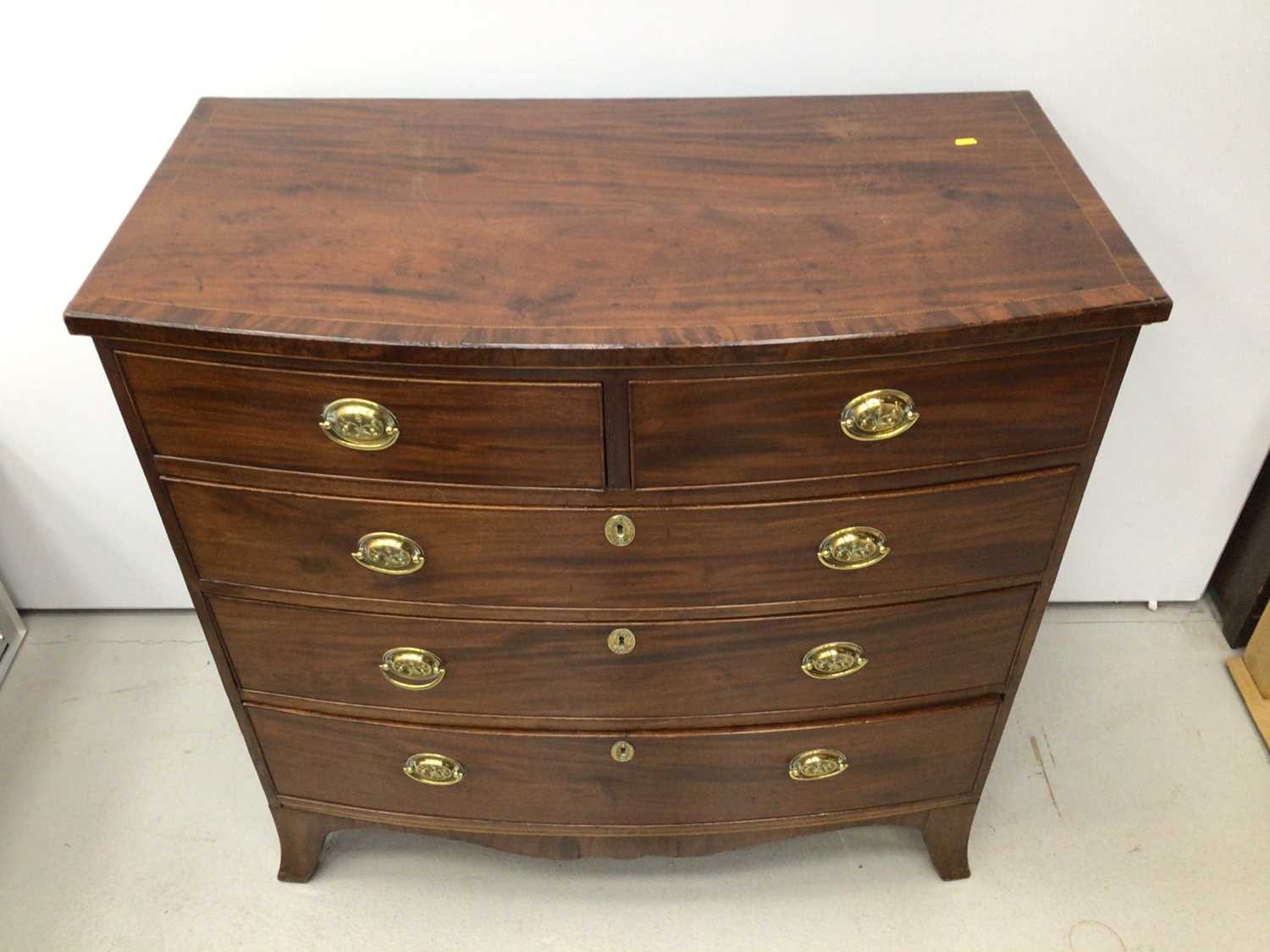 19th century inlaid mahogany bowfront chest of two short and three long graduated drawers on splayed - Image 2 of 6