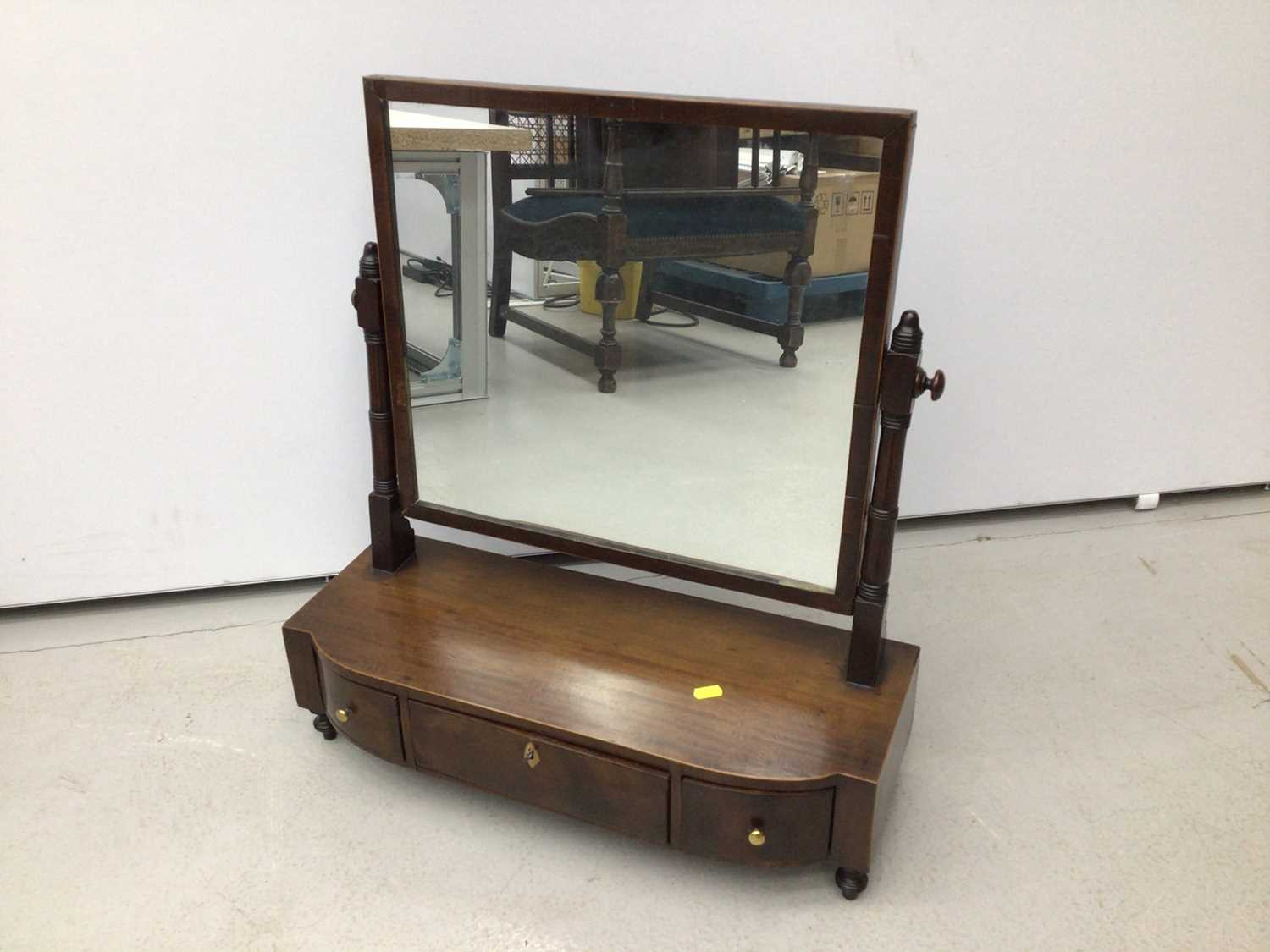 19th century mahogany toilet mirror with three drawers below on turned legs, 59cm wide x 65.5cm high