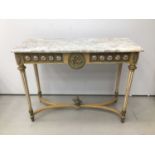 Antique style hall table with marble top, frieze inset with porcelain plaques on fluted turned legs